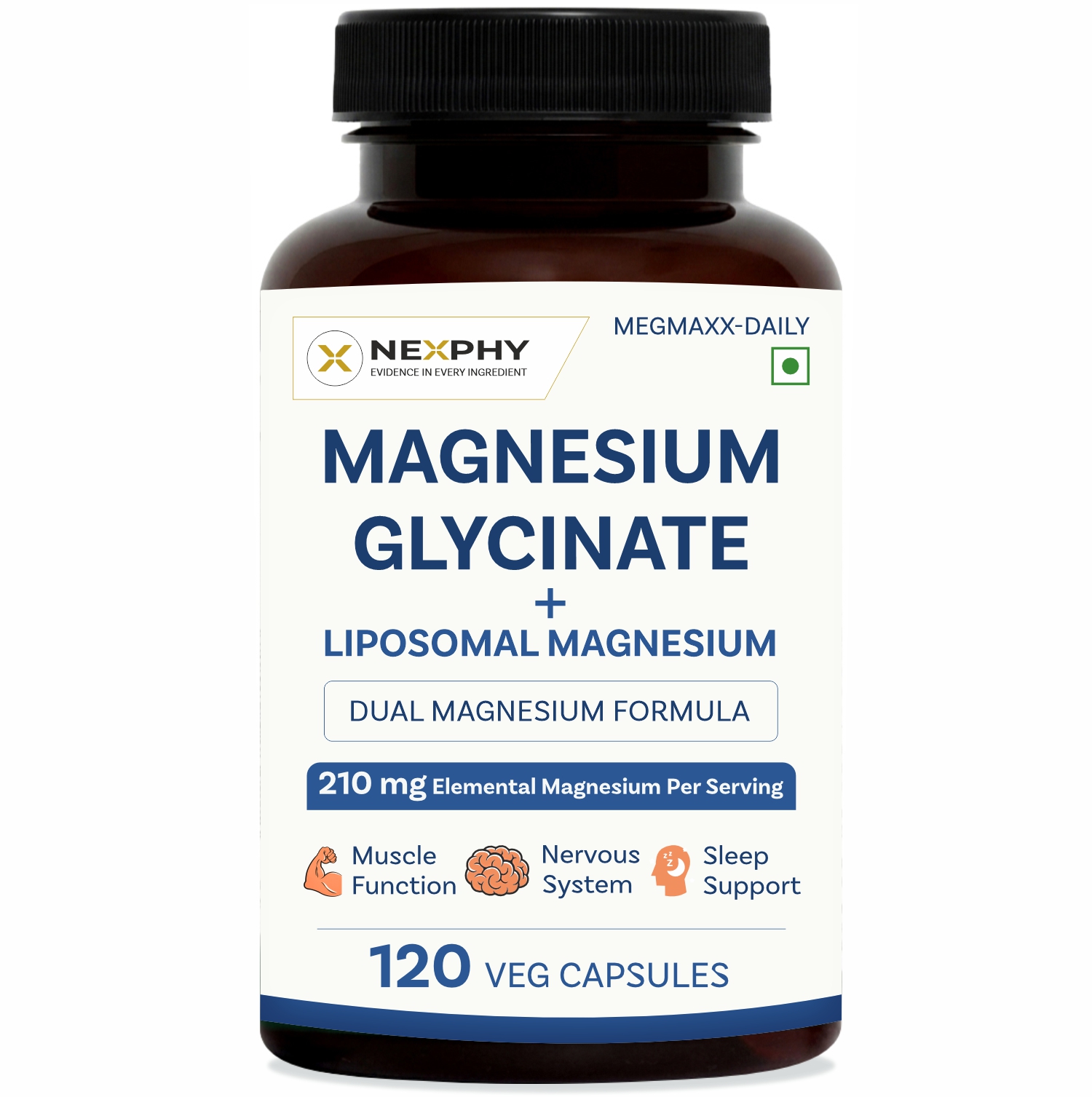 Megmaxx-Daily Chelated Magnesium Glycinate (Bisglycinate) 1200mg with Liposomal Magnesium 300mg | Dual formula | Non buffered | Highly Bioavailable | support Muscle Recovery, Nerve function, Sleep, Relaxation and bone health | 120 Vegetable capsules for M